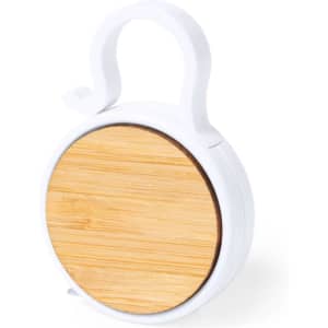 A white tape measure with a bamboo finish, featuring a hook for easy attachment.