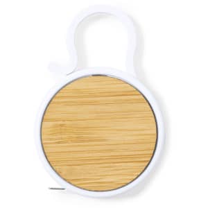 A round tape measure with a bamboo finish and a white casing, featuring a hook for easy attachment.