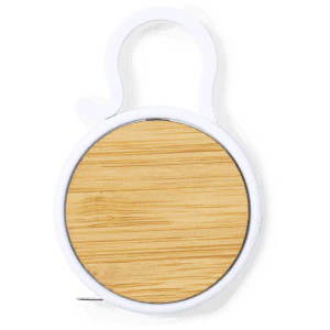 A tape measure with a round, wooden face and a white casing, featuring a keyring attachment.