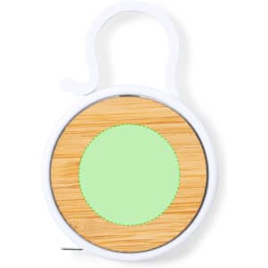 A round tape measure with a bamboo base and a white plastic casing, featuring a hook for easy attachment.