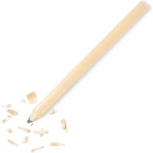 A grey-lead pencil lies next to wood shavings, featuring a natural wood finish. The pencil has a sharpened tip.