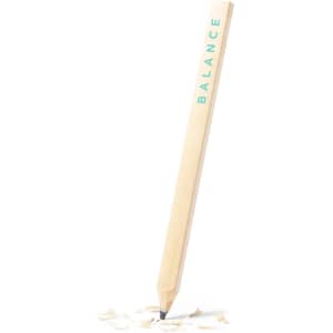 A grey-lead pencil with a wooden finish, standing upright amongst pencil shavings, featuring a branding logo.