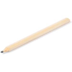 A grey-lead pencil with a wooden body and a sharpened tip, featuring a logo on one side.