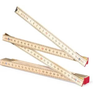 Three wooden measuring rulers in beige with red ends, featuring metric and imperial markings. Each ruler has a logo.
