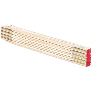 A wooden ruler with red ends, extended to reveal measurement markings. It features a logo on one side.