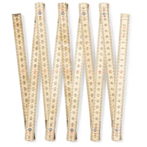 A set of six flexible rulers in light beige with black measurements, featuring a branding logo.
