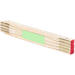 A wooden folding ruler featuring red ends and a natural wood finish, with a logo on one side.