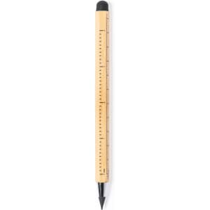 A multifunction bamboo pencil with a black tip and a ruler design on its body. It features a branding logo.