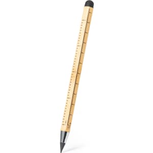 A multifunctional pencil in a natural bamboo finish with a black rubber tip and metallic details.