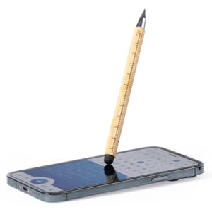 A multifunction pencil with a wooden finish resting on a smartphone, showcasing its unique design and features.