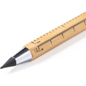 A bamboo pencil with a silver tip and ruler markings along its shaft, featuring a logo.