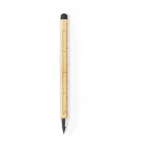 A multifunctional pencil in a light wooden finish featuring a ruler along its length and a black tip.