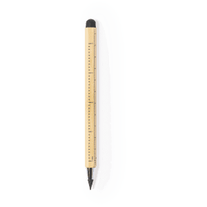 A multifunction pencil in natural wood with a black tip and ruler markings along the side.