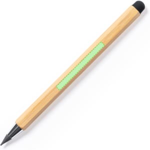 A bamboo multifunction pencil with a green accent and dual-ended tips, one for writing and one for stylus use.