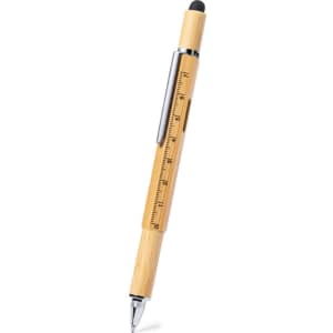 A bamboo multifunction pen featuring a stylus tip, ruler markings, and chrome accents. It has a sleek design.