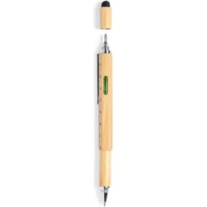 A multifunction pen in a natural bamboo finish with a stylus tip, ruler, and a built-in level.