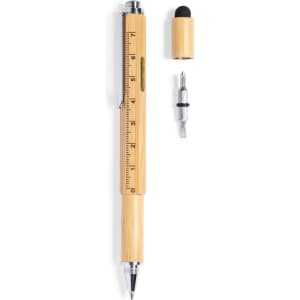 A multifunction pen in bamboo with a stylus tip, removable cap, and measurement markings. Includes a logo.
