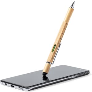 A multifunction pen with a wooden barrel, positioned on a smartphone screen, featuring a stylus tip and measuring ruler.