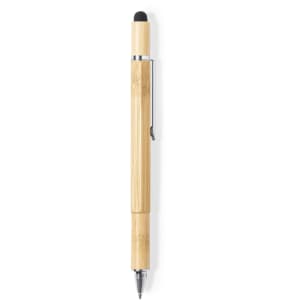 A bamboo multifunction pen featuring a stylus tip and pen component, designed with a sleek, natural finish.