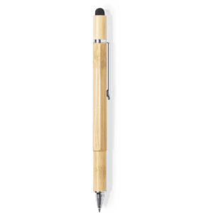 A multifunction pen made of bamboo featuring a stylus tip and a silver clip. It has a natural finish.