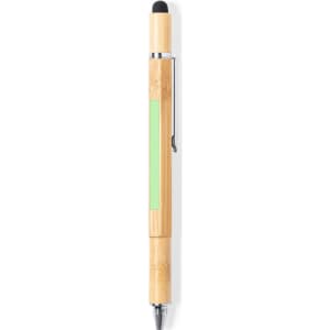 A multifunction pen featuring a bamboo body with silver accents and a green section, topped with a stylus tip.