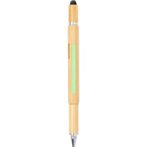 A multifunction pen with a bamboo body, featuring a stylus tip and a green accent strip. It has a sleek, eco-friendly design.