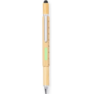 A multifunction pen in a natural wood finish with silver accents and a stylus tip, featuring a ruler along the side.