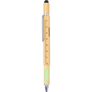 A multifunction pen in natural bamboo colour with a ruler, stylus tip, and a green accent. It features a logo.