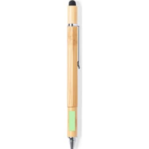 A multifunction pen in bamboo with a black stylus tip and silver accents, featuring a small green label.