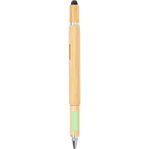 A bamboo multifunction pen featuring a green accent and a stylus tip. It includes a branded logo.