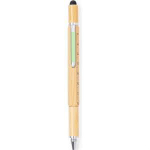 A multifunction pen in bamboo with a green accent, featuring a stylus tip and a ruler incorporated into the design.