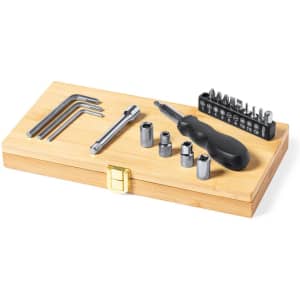 A bamboo box containing various tools, including hex keys, sockets, and a screwdriver with multiple bits.