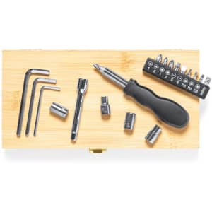 A bamboo tool set featuring various metallic tools, including sockets, a screwdriver, and hex keys. It has a branding logo.