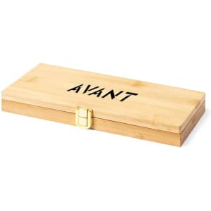 A bamboo tool set box with a gold latch, featuring the word "AVANT" on the lid.