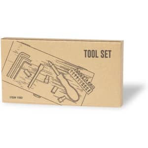 A tool set in a cardboard box featuring various tools, including screwdrivers and Allen keys, with a logo.