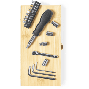 A bamboo tool set featuring a screwdriver, multiple bits, hex keys, and various socket attachments in silver and black.