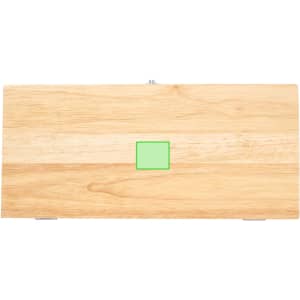A wooden tool set box featuring a simple design and a small green accent. The box has a metallic clasp.