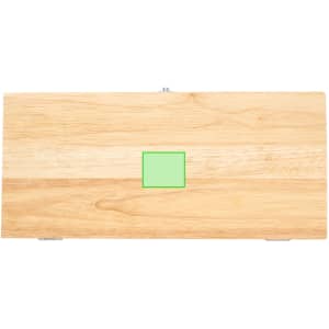 A wooden tool set case with a green rectangle, featuring a metal clasp for secure closure.