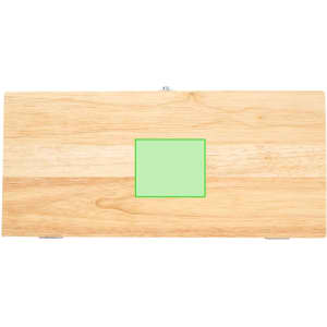 A wooden box tool set featuring a green area with a logo, containing various tools for DIY tasks.