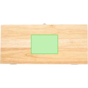 A wooden tool set box in a light timber finish, featuring a green blank area, includes metal fasteners.