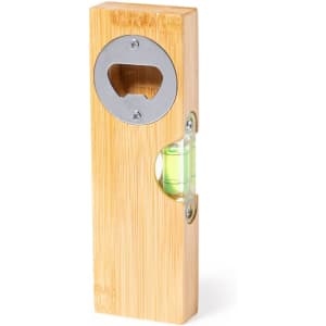 A drink bottle opener made of bamboo, featuring a metal opener and a level window. It has a sleek, natural finish.