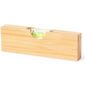 A drink bottle opener in a bamboo design, featuring a built-in level. It has a small logo on one side.