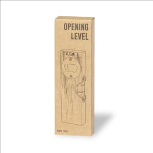 A drink bottle opener featuring a sleek design in a natural wood finish, packaged in a simple cardboard box with a logo.