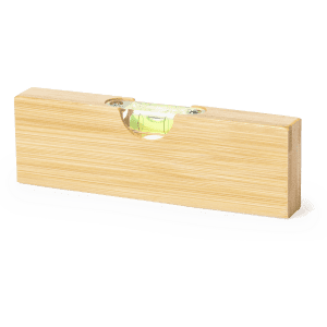 A drink bottle opener in a wooden finish, featuring a built-in level, with a small bubble indicator.