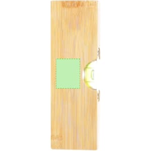 A drink bottle opener made of bamboo featuring a built-in level, with a green section in the centre.