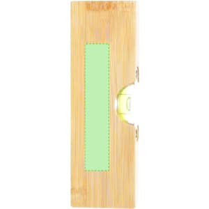 A drink bottle opener in a bamboo design, featuring a spirit level and a logo on the side.