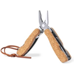 A multitool with silver metal components and cork handle grips, featuring pliers and a brown lanyard.