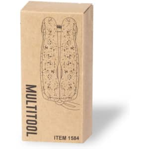 A cardboard box containing a multitool, featuring a design illustration on a brown surface. Includes branding.