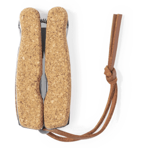 A multitool with a cork handle and a leather strap, featuring a compact design and metallic components.