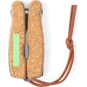 A cork-handled multitool with a leather strap, featuring a compact design and metallic elements.